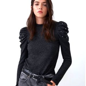 Zara Rhinestine Balloon Sleeve Sweater SZ M